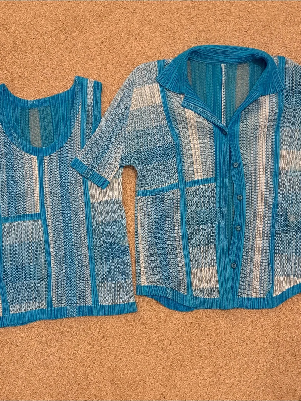 Pleats Please Issey Miyake 3 Piece Blue Mesh Pleated Set Pants Tank Cardigan